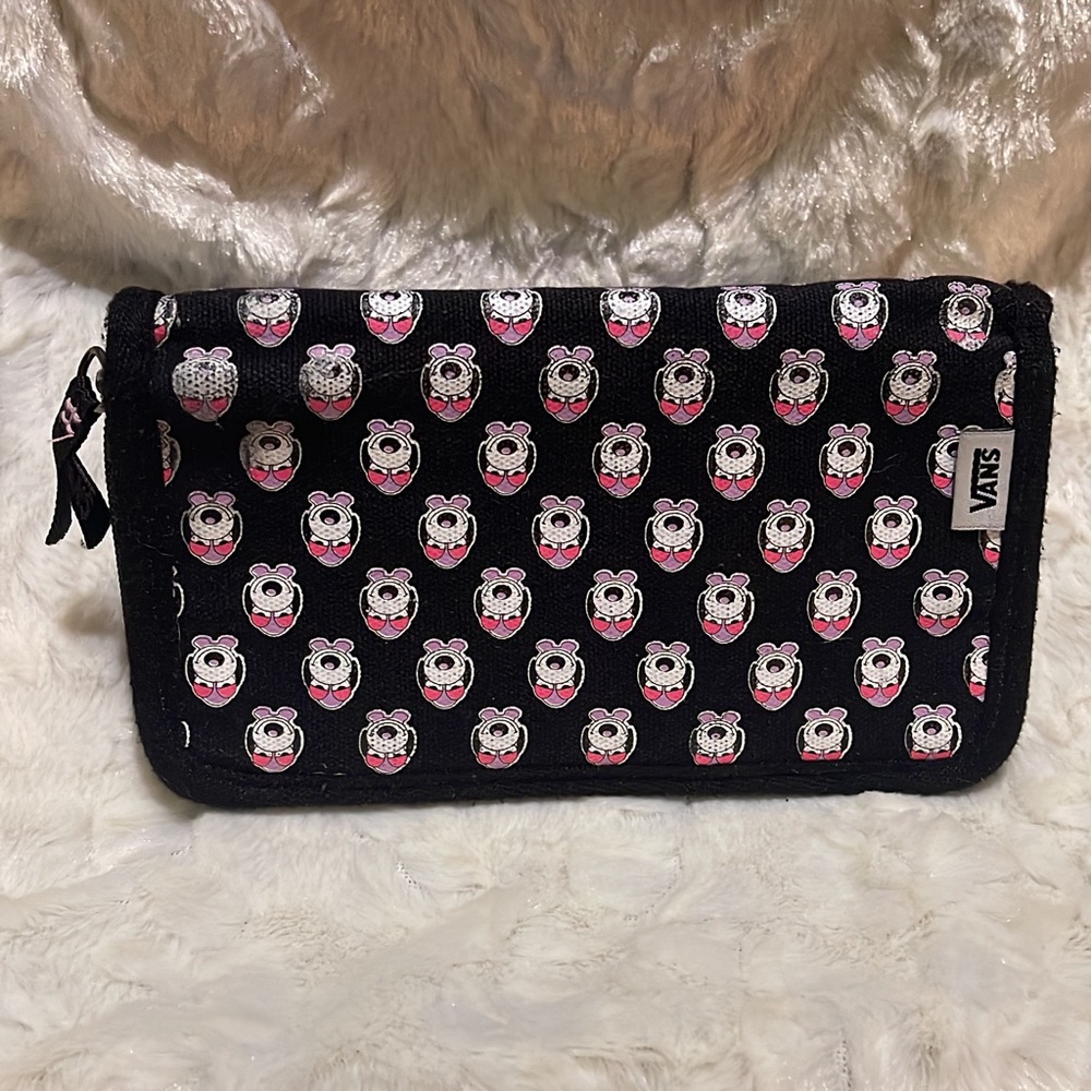 VANS wallet  several compartments, coin pocket ,zipper, blk -pink/purple dogs